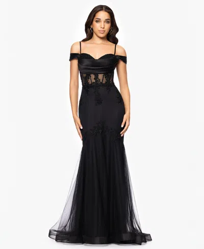 Blondie Nites Juniors' Glitter-mesh Illusion-corset Gown In Black