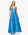 Blondie Nites Juniors' Glitter-mesh Corset Lace-up Dress In Aqua