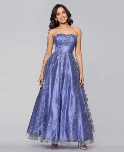Blondie Nites Juniors' Glittered Strapless Corset Gown In Blue