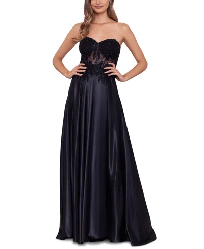 Blondie Nites Juniors' Illusion Applique Charmeuse Gown, Created For Macy's In Black