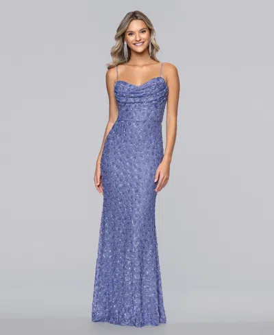 Blondie Nites Juniors' Long Cowl Neck Sequin Slim Ball Gown In Burgundy