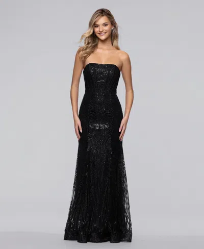 Blondie Nites Juniors' Long Glitter Strapless Corset Fit & Flare Ball Gown In Black