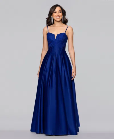 Blondie Nites Juniors' Long Lamour Applique Notch Neck Ball Gown In Blue