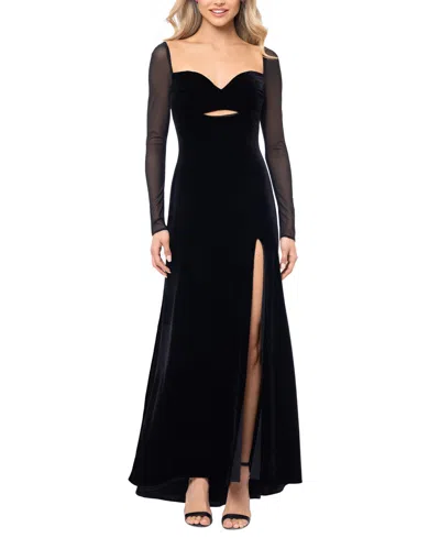 Blondie Nites Juniors' Long Sheer-sleeve Velvet Dress In Black