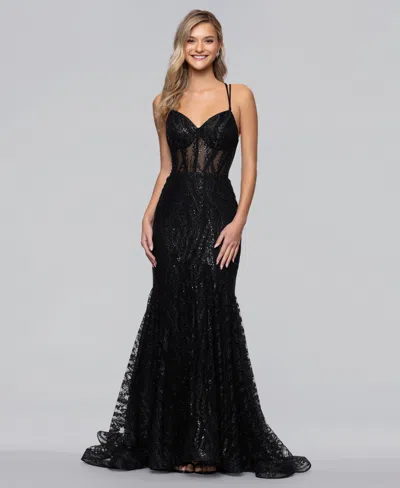Blondie Nites Juniors' Long Sweetheart Neck Lace-up Back Ball Gown In Blue