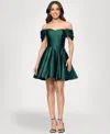 Blondie Nites Juniors Off-the-shoulder Drape Sleeve Dress In Green