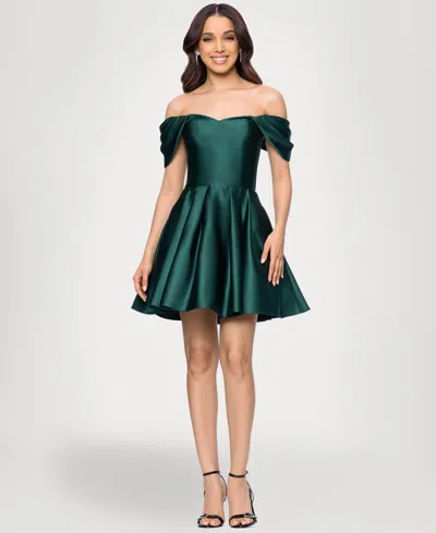 Blondie Nites Juniors Off-the-shoulder Drape Sleeve Dress In Green