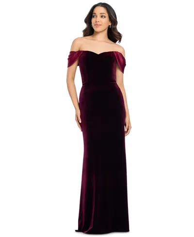 Blondie Nites Juniors' Off-the-shoulder Velvet Cap-sleeve Gown In Purple