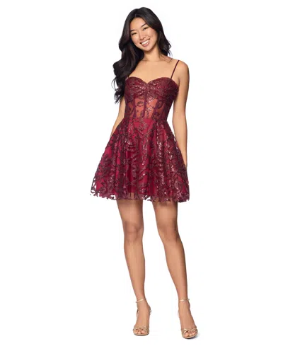 Blondie Nites Juniors' Paghetti-strap Floral-sequin Sweetheart Mini Dress In Burgundy
