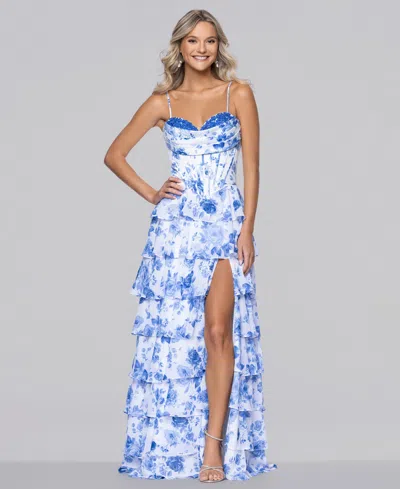 Blondie Nites Juniors' Printed Corset Ruffle Gown In Blue