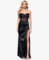 Blondie Nites Juniors' Satin Illusion-corset Gown In Black
