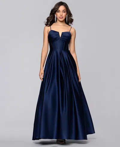 Blondie Nites Juniors' Satin Notch-neck Ball Gown In Blue