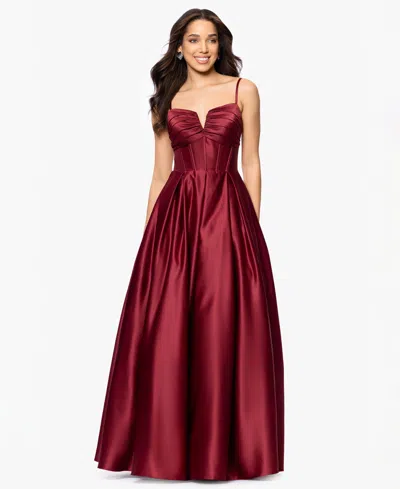 Blondie Nites Juniors' Satin Notch-neck Ball Gown In Wine