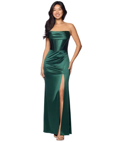 Blondie Nites Juniors' Satin Strapless Corset-inspired Bodice Gown In Green