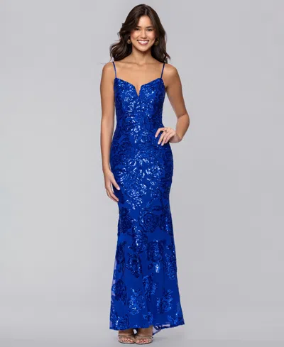 Blondie Nites Juniors' Sequin Detail Ball Gown In Blue