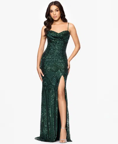 Blondie Nites Juniors' Sequin Draped-neck Side-slit Gown In Hunter