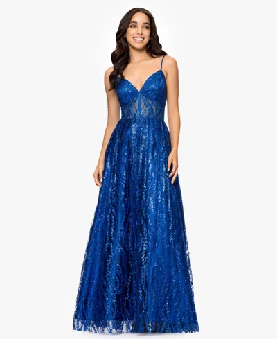Blondie Nites Juniors' Sequin Illusion Ball Gown In Royal