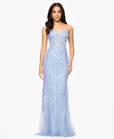 BLONDIE NITES JUNIORS' SEQUIN-MESH FLOOR-SWEEPING CORSET GOWN