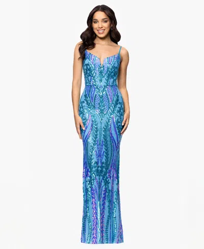 Blondie Nites Juniors' Sequin Notched-neck Mermaid Gown In Aqua Multi