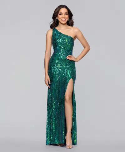 Blondie Nites Juniors' Sequin One-shoulder Side-slit Gown In Green