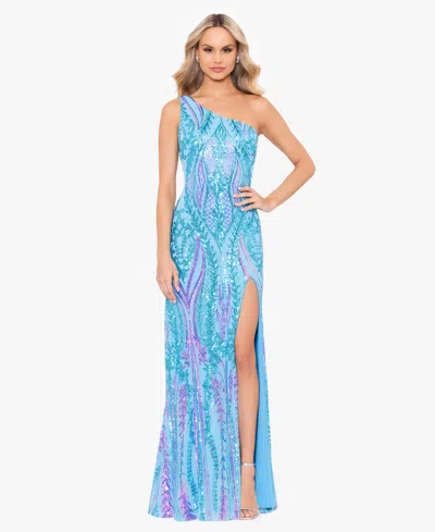 Blondie Nites Juniors' Sequin One-shoulder Side-slit Gown In Aqua Multi