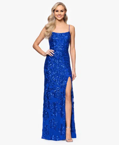 Blondie Nites Juniors' Sequin-rose Side-slit Gown In Royal