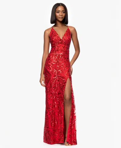 Blondie Nites Juniors' Sequin V-neck Side-slit Gown In Red