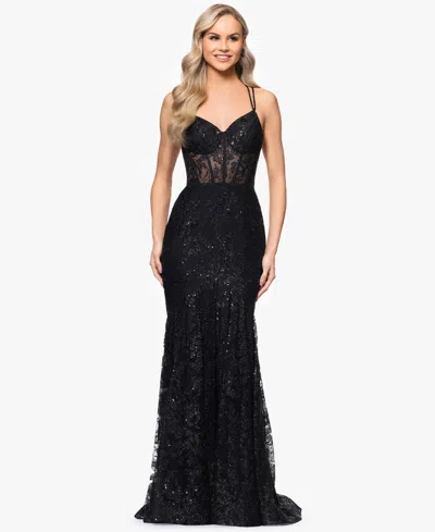 Blondie Nites Juniors' Sequined Corset-bodice Gown In Black