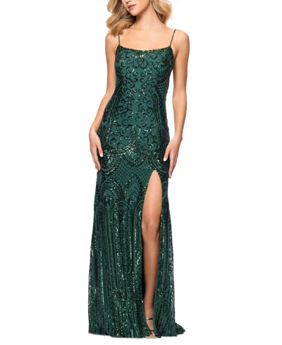 Blondie Nites Juniors' Sequined Cutout Lace-up-back Gown In Hunter