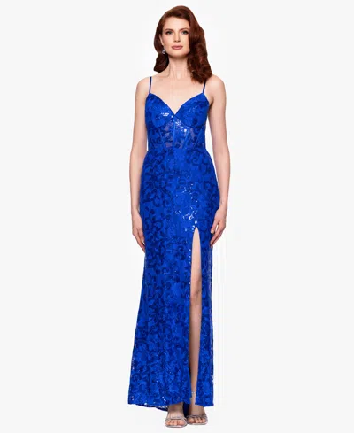 Blondie Nites Juniors' Sequined Lace Corset Gown In Royal