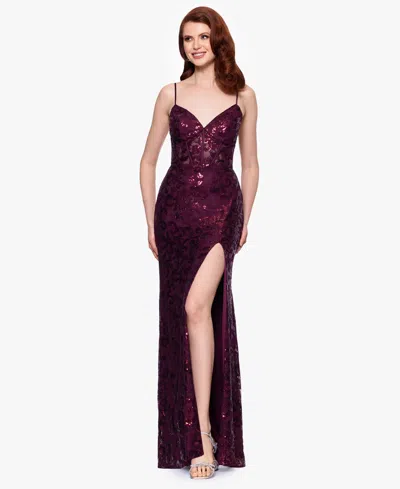 Blondie Nites Juniors' Sequined Lace Corset Gown In Wine