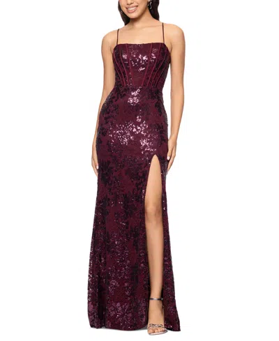 Blondie Nites Juniors' Sequined Lace Corset Gown In Wine,wine