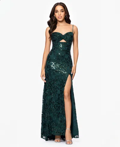 Blondie Nites Juniors' Sequined Lace Cutout-front Lace-up-back Gown In Hunter