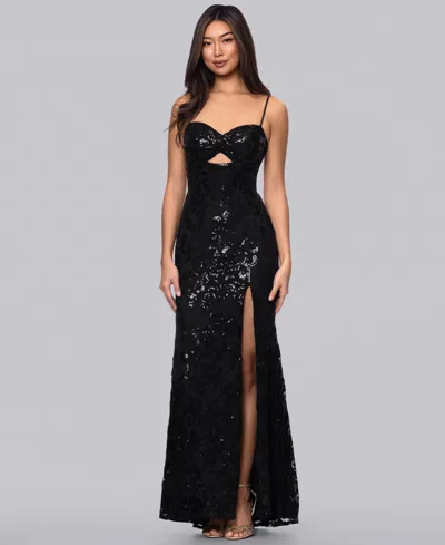 Blondie Nites Juniors' Sequined Lace Cutout-front Lace-up-back Gown In Animal Print