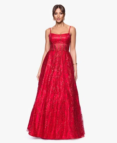 Blondie Nites Juniors' Sequinned Glitter Corset Ball Gown In Red
