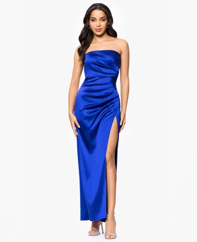 Blondie Nites Juniors' Strapless Draped Side-slit Gown In Royal
