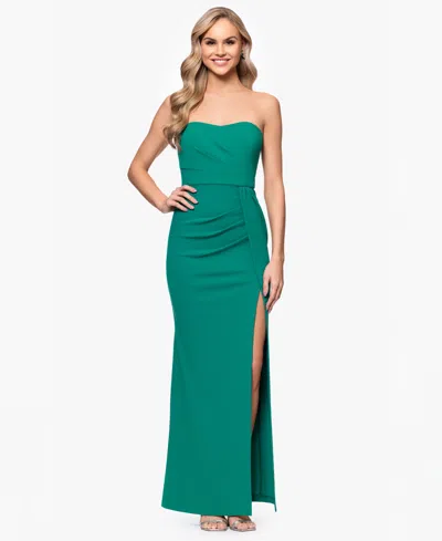 Blondie Nites Juniors' Strapless Ruched Side-slit Gown In Green