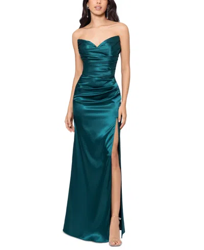 Blondie Nites Juniors' Strapless Side-slit Satin Dress In Hunter