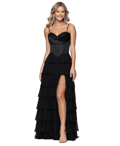Blondie Nites Juniors' Sweetheart Chiffon Tiered Lace-up Back Corset Ball Gown In Black