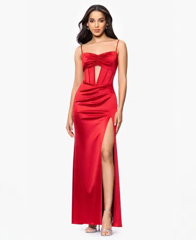 Blondie Nites Juniors' Sweetheart Corset Side-slit Gown In Red
