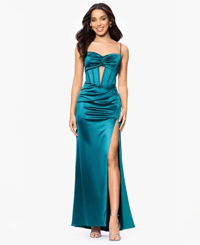 Blondie Nites Juniors' Sweetheart Corset Side-slit Gown In Teal