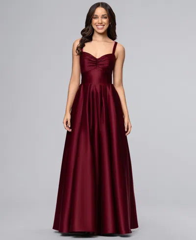 Blondie Nites Juniors' Sweetheart Neck Gown In Burgundy