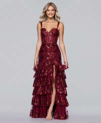 Blondie Nites Juniors' Sweetheart Trumpet Tiered Fit & Flare Ball Gown In Red