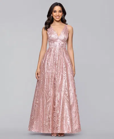 Blondie Nites Juniors' V-neck Glitter Lace-up Back Ball Gown In Pink