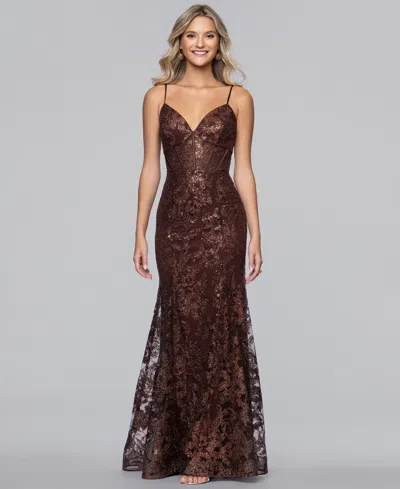 Blondie Nites Juniors' V-neck Glitter Lace-up Gown In Brown
