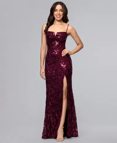 Blondie Nites Juniors' V-neck Sequin Lace-up Gown In Purple