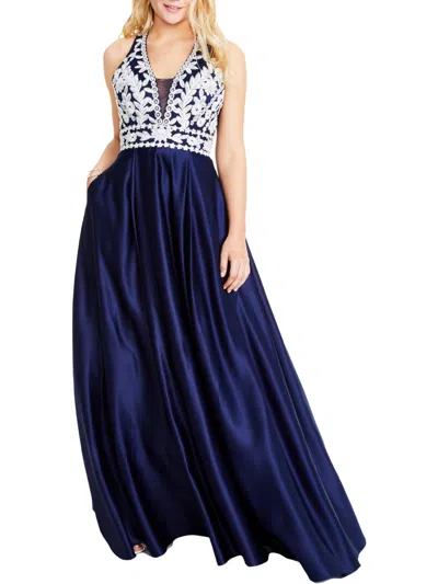 Blondie Nites Juniors Womens Embroidered Embellished Evening Dress In Blue