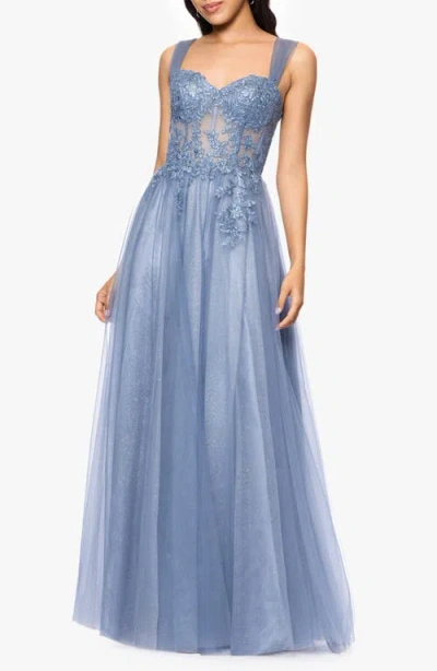 Blondie Nites Lace Embellished Corset Glitter Tulle A-line Gown In Slate