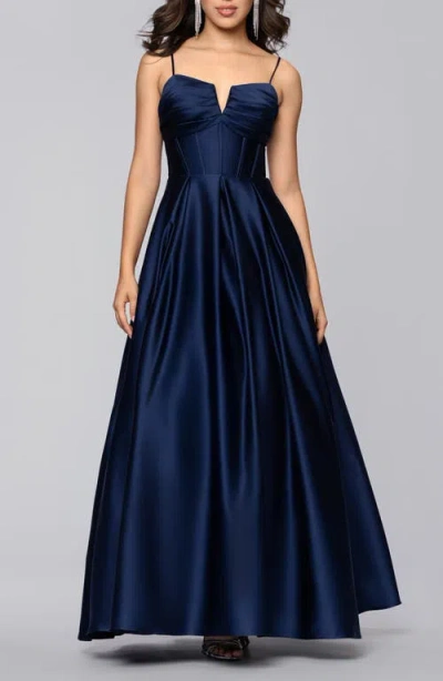 Blondie Nites Notch Neck Satin Ballgown In Blue