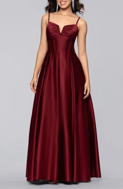 Blondie Nites Notch Neck Satin Ballgown In Burgundy